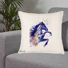 Perna Decorativa Cal Albastru Acuarela, 40x40 cm, Crem Reliefat, Husa Detasabila, Perna Inclusa, BEKZ®