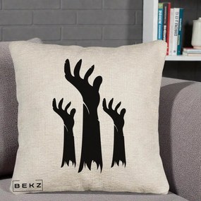 Perna Decorativa Halloween Maini Zombie Alb-Negru, 40x40 cm, Bej Canapea, Husa Detasabila, Perna Inclusa, BEKZ®
