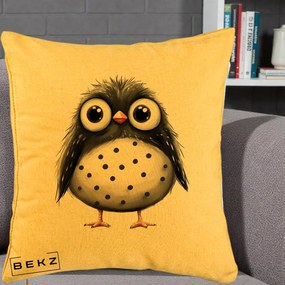Perna Decorativa Bufnita Neagra cu Buline Albe, 40x40 cm, Galben, Husa Detasabila, Perna Inclusa, BEKZ®
