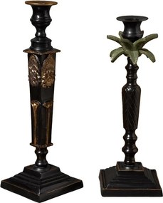 Set 2 sfeșnice din aluminiu și alamă cu motive de palmier și flori sculptate, negru-auriu-verde, finisaj patinat, 30×10 cm, „Empire"