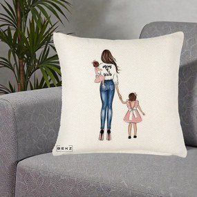 Cadou pentru Mama - Perna Personalizata Mom of Girls Mama cu Fetele, 40x40 cm, Crem Reliefat, Husa Detasabila, Perna Inclusa, BEKZ®