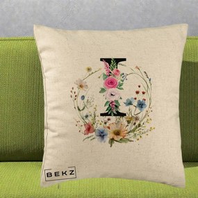 Cadou Personalizat - Perna Personalizata Monogram Litera I cu Flori Acuarela, 40x40 cm, Bej, Husa Detasabila, Perna Inclusa, BEKZ®