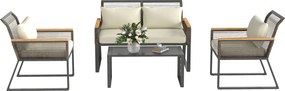 Outsunny Set mobilier de grădină din polyrattan pentru 4 persoane, rezistent la intemperii, set balcon cu canapea 2 locuri, 2 scaune, masă cu sticlă, perne Bej | Aosom Romania