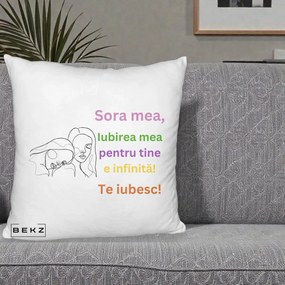 Cadou pentru Sora - Perna Personalizata Sora Mea Te Iubesc Line Art Fete Colorate Brate Ridicate, 40x40 cm, Alb Pufos, Husa Detasabila, Perna Inclusa, BEKZ®