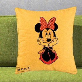 Perna Personalizata Minnie Mouse cu Fundita, 40x40 cm, Galben, Husa Detasabila, Perna Inclusa, BEKZ®