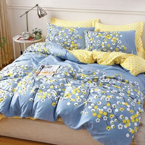 Lenjerie pat dublu cu două feţe  4 piese  Bumbac Satinat Superior  Albastru  floricele