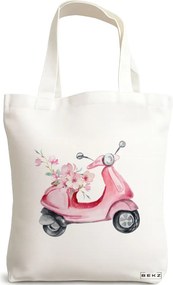 Sacosa de Panza pentru Cumparaturi, Geanta Tote, model Rose flower Bike, 38x34.5 cm, Alba, BEKZ®