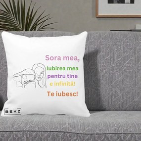 Cadou pentru Sora - Perna Personalizata Sora Mea Te Iubesc Line Art Fete Colorate Brate Ridicate, 40x40 cm, Alba Mata, Husa Detasabila, Perna Inclusa, BEKZ®