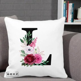 Cadou Personalizat - Perna Personalizata Monograma Florala Litera L, 40x40 cm, Alba Mata, Husa Detasabila, Perna Inclusa, BEKZ®