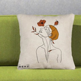 Perna Decorativa Portret Feminin Mac Privire Inalta, 40x40 cm, Bej Canapea, Husa Detasabila, Perna Inclusa, BEKZ®