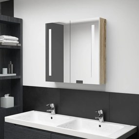 Dulap de baie cu oglinda si LED, alb si stejar, 62x14x60 cm alb si stejar, 62 x 14 x 60 cm