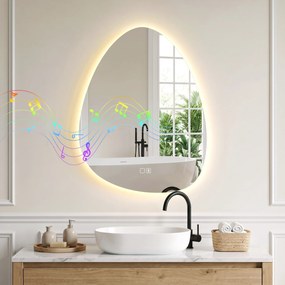 HOMCOM Oglindă de baie cu LED, 3 culori, 50x70 cm, neregulată, Bluetooth, anti-aburire, touch | Aosom Romania