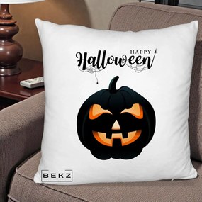 Perna Decorativa Happy Halloween Dovleac Negru cu Paianjen, 40x40 cm, Alb Pufos, Husa Detasabila, Perna Inclusa, BEKZ®