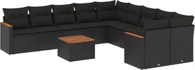 vidaXL Set canapele de grădină cu perne, 11 piese, negru, poliratan