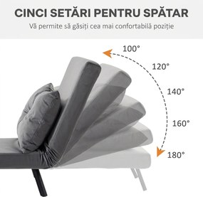 HOMCOM Canapea Extensibilă cu Spătar Reglabil pe 5 Nivele, Canapea Pat Individuală Pliabilă cu Perne, 63x73x81 cm, Gri | Aosom Romania