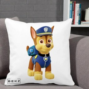Perna Personalizata Chase PAW Patrol Albastru, 40x40 cm, Alba Mata, Husa Detasabila, Perna Inclusa, BEKZ®