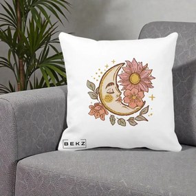Perna Personalizata Luna Boho Chip Floral, 40x40 cm, Alba Mata, Husa Detasabila, Perna Inclusa, BEKZ®