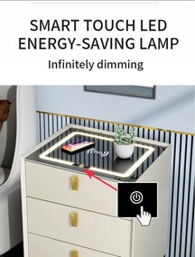 RESIGILAT- Noptieră inteligentă multifuncțională, 3 sertare, blocare cu amprentă, LED-uri tactile, 3 tipuri de culoare, încărcare fără fir, Difuzor Bluetooth, incarcare USB, sticla securizata, Alb