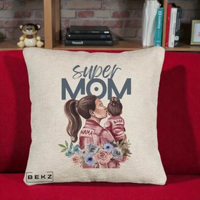 Cadou pentru Mama - Perna Personalizata Super Mom Mama cu Bebelusul, 40x40 cm, Bej Canapea, Husa Detasabila, Perna Inclusa, BEKZ®