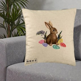 Perna Decorativa Iepuras cu Oua de Pasti Acuarela, 40x40 cm, Bej, Husa Detasabila, Perna Inclusa, BEKZ®
