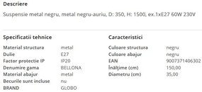 Lustra/ Pendul metal negru/auriu BELLONA