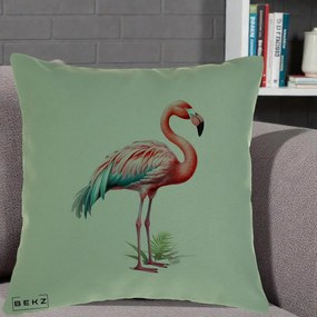 Perna Decorativa Flamingo Roz cu Pene Teal, 40x40 cm, Verde, Husa Detasabila, Perna Inclusa, BEKZ®