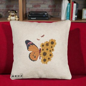 Perna Decorativa Fluture Floarea-Soarelui, 40x40 cm, Bej Canapea, Husa Detasabila, Perna Inclusa, BEKZ®