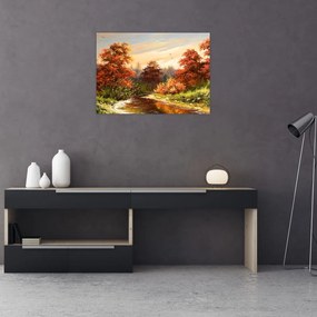 Tablou pe sticlă - Râu în peisaj de toamnă (70x50 cm)