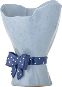 Vază din ceramică artizanală, albastru, cu formă ondulată și fundiță decorativă cu buline, 19,5x28,5 cm, „Belivia"