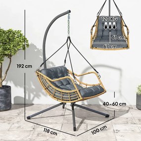 Outsunny Fotoliu suspendat din rășină împletită cu suport, scaun suspendat, pernă, prindere de siguranță, înălțime reglabilă, gri | Aosom Romania