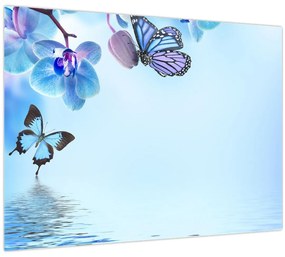 Tablou pe sticlă - Fluture pe flori de orhidee, albastru (70x50 cm)