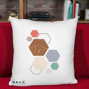 Perna Decorativa Geometric Hexagoane Multicolor, 40x40 cm, Alb Pufos, Husa Detasabila, Perna Inclusa, BEKZ®