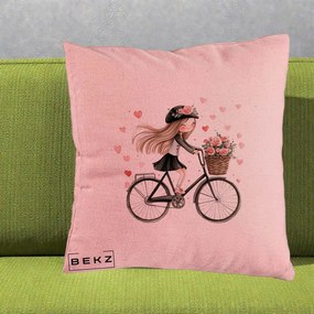 Perna Decorativa Fetita Kawaii pe Bicicleta cu Trandafiri si Inimioare, 40x40 cm, Roz, Husa Detasabila, Perna Inclusa, BEKZ®
