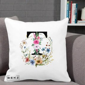 Cadou Personalizat - Perna Personalizata Monogram Litera T cu Flori Acuarela, 40x40 cm, Alba Mata, Husa Detasabila, Perna Inclusa, BEKZ®