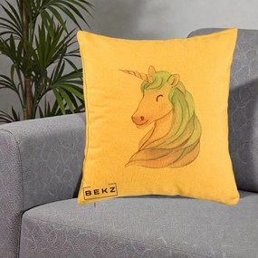 Perna Decorativa Unicorn Acuarela Pastel, 40x40 cm, Galben, Husa Detasabila, Perna Inclusa, BEKZ®