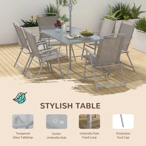 Outsunny Set de Grădină cu Masă, 6 Scaune Pliante și Umbrelă de Soare cu Manivelă, Lounge în Aer Liber din 8 Piese, 130x80x71 cm, Gri