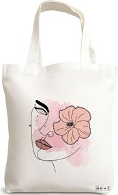 Sacosa de Panza pentru Cumparaturi, Geanta Tote, model Floral Line, 38x34.5 cm, Alba, BEKZ®