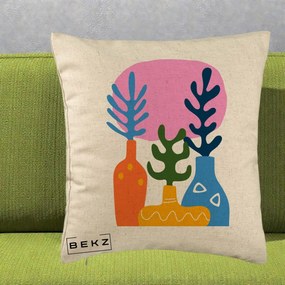 Perna Decorativa Vaze Botanice Abstract, 40x40 cm, Bej, Husa Detasabila, Perna Inclusa, BEKZ®