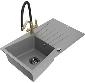 Mexen Cesar chiuvetă de granit cu un compartiment, cu picurător și baterie de bucătărie Duo, Gri - 6514-71-671701-57-B