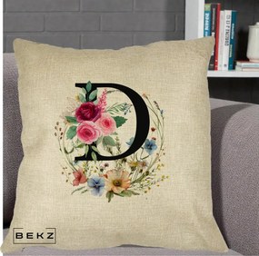 Cadou Personalizat - Perna Personalizata Monogram Litera D cu Flori Acuarela, 40x40 cm, Crem, Husa Detasabila, Perna Inclusa, BEKZ®