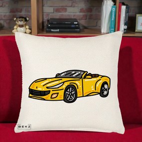 Perna Personalizata Masina Cabriolet Galbena Grafic, 40x40 cm, Crem Reliefat, Husa Detasabila, Perna Inclusa, BEKZ®