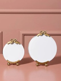Set 2 rame foto rotunde din sticlă și metal, auriu, fundă sculptată, margine șlefuită și picioare sferice, finisaj antichizat, 2 x 16 x 13 cm,