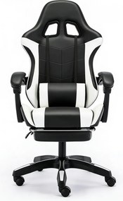 Scaun gaming, Masaj în perna lombară, Rabatabil 90-145°, Suport picioare, piele PU, Negru/Alb