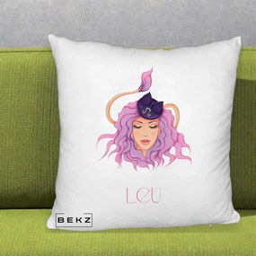 Perna Personalizata Zodie Leu, 40x40 cm, Alb Pufos, Husa Detasabila, Perna Inclusa, BEKZ®