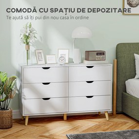 HOMCOM Comodă cu 6 Sertare și Mânere, Comodă din Lemn de Pin și Melamină, 120x40x76 cm, Alb