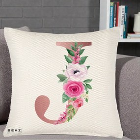 Cadou Personalizat - Perna Personalizata Monograma Rose Gold Litera J, 40x40 cm, Crem Reliefat, Husa Detasabila, Perna Inclusa, BEKZ®