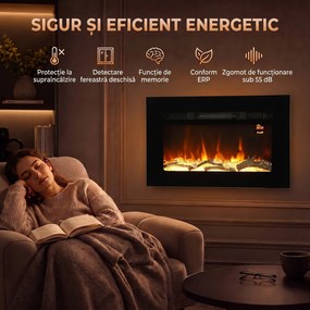 HOMCOM Șemineu Electric de 60 cm, Încastrat sau de Perete, 1800 W, Temporizator 24 de Ore, Flacără Reglabilă, Cristale | Aosom Romania