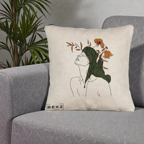 Perna Decorativa Portret Feminin Profil Flori Portocalii, 40x40 cm, Bej Canapea, Husa Detasabila, Perna Inclusa, BEKZ®