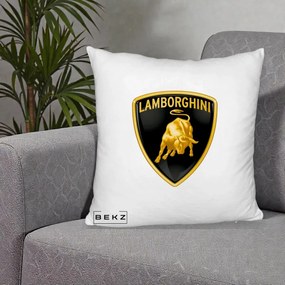 Perna Personalizata cu emblema Lamborghini, 40x40 cm, Alb Pufos, Husa Detasabila, Perna Inclusa, BEKZ®