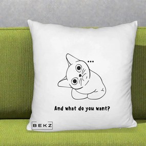 Perna Decorativa And What Do You Want Cat, 40x40 cm, Alb Pufos, Husa Detasabila, Perna Inclusa, BEKZ®